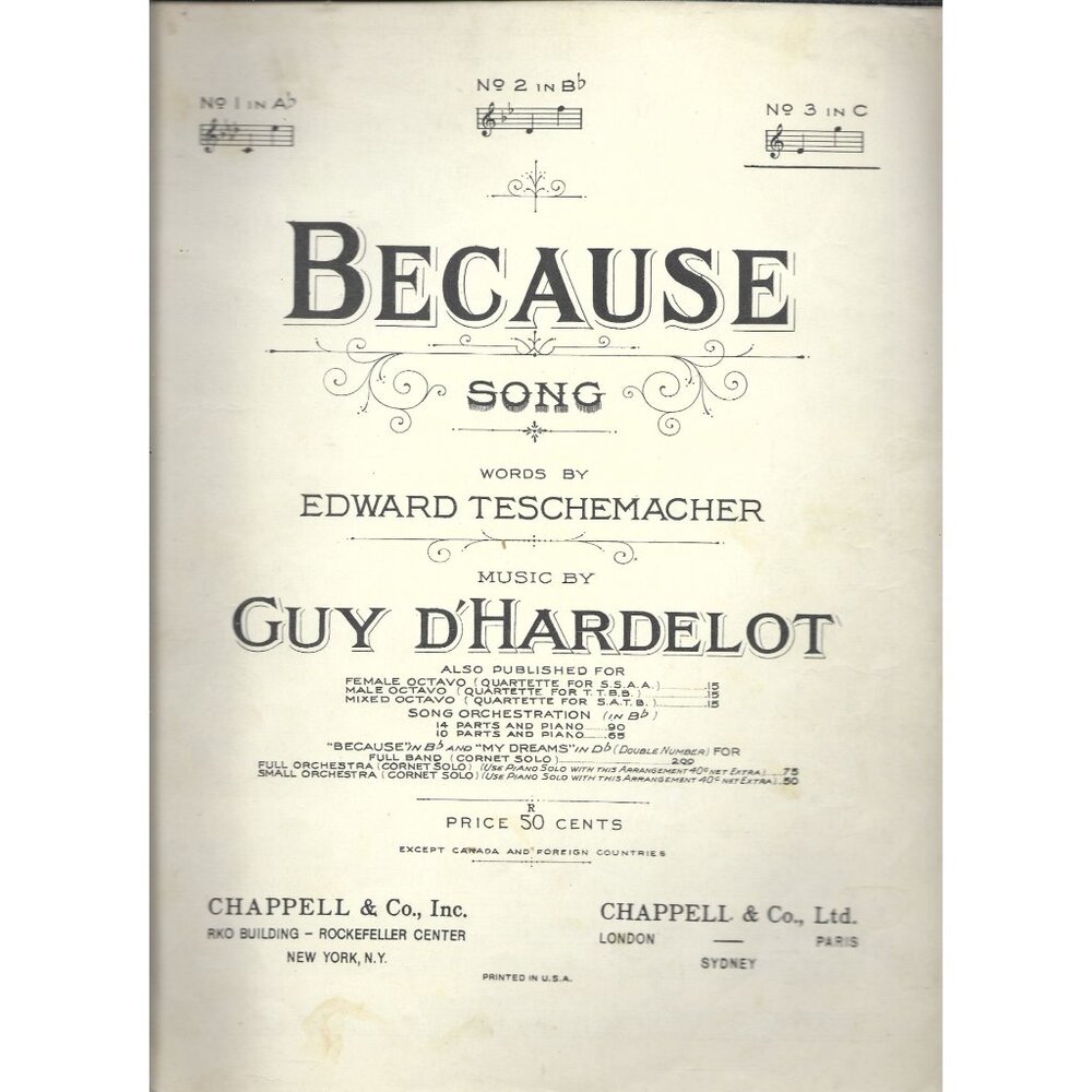 Because Song Sheet Music By Edward & DHardelot Vintage 1930s Chappell & Co